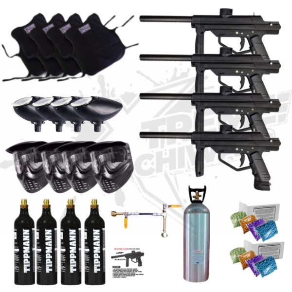 Paquete campo 4 Marcadora JT Stealth, Tanque Madrina, Tanque Co2, Chaleco, Hopper, Careta y Pelota Pintura