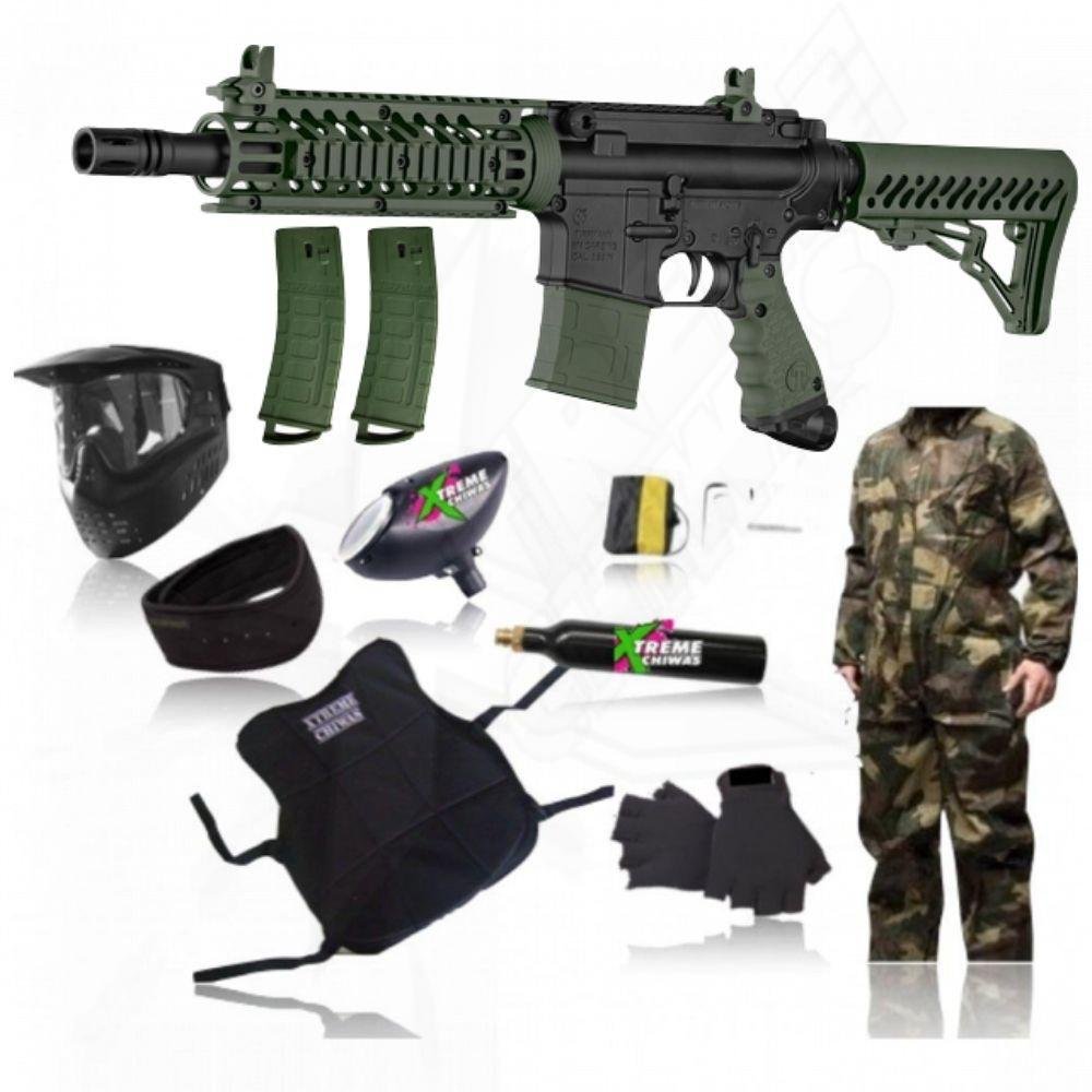 Tippmann TMC Magfed Olivo Marker Equipment, Co2 Tank, Hopper, Mask, Vest, Neck Guard, Gloves, Overalls