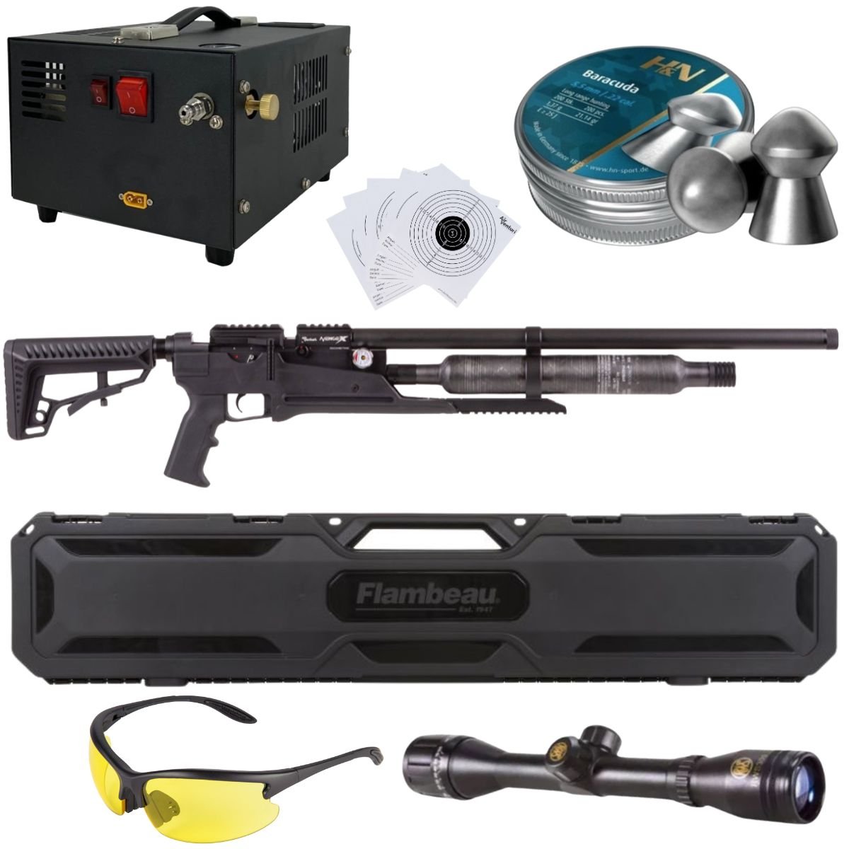 Rifle Air Venturi Avenge-X Tactical PCP .22 (5.5mm) BOTTLE 400cc Kit C/Compressor, pellets, scope, lenses, case, targets. - Image 2