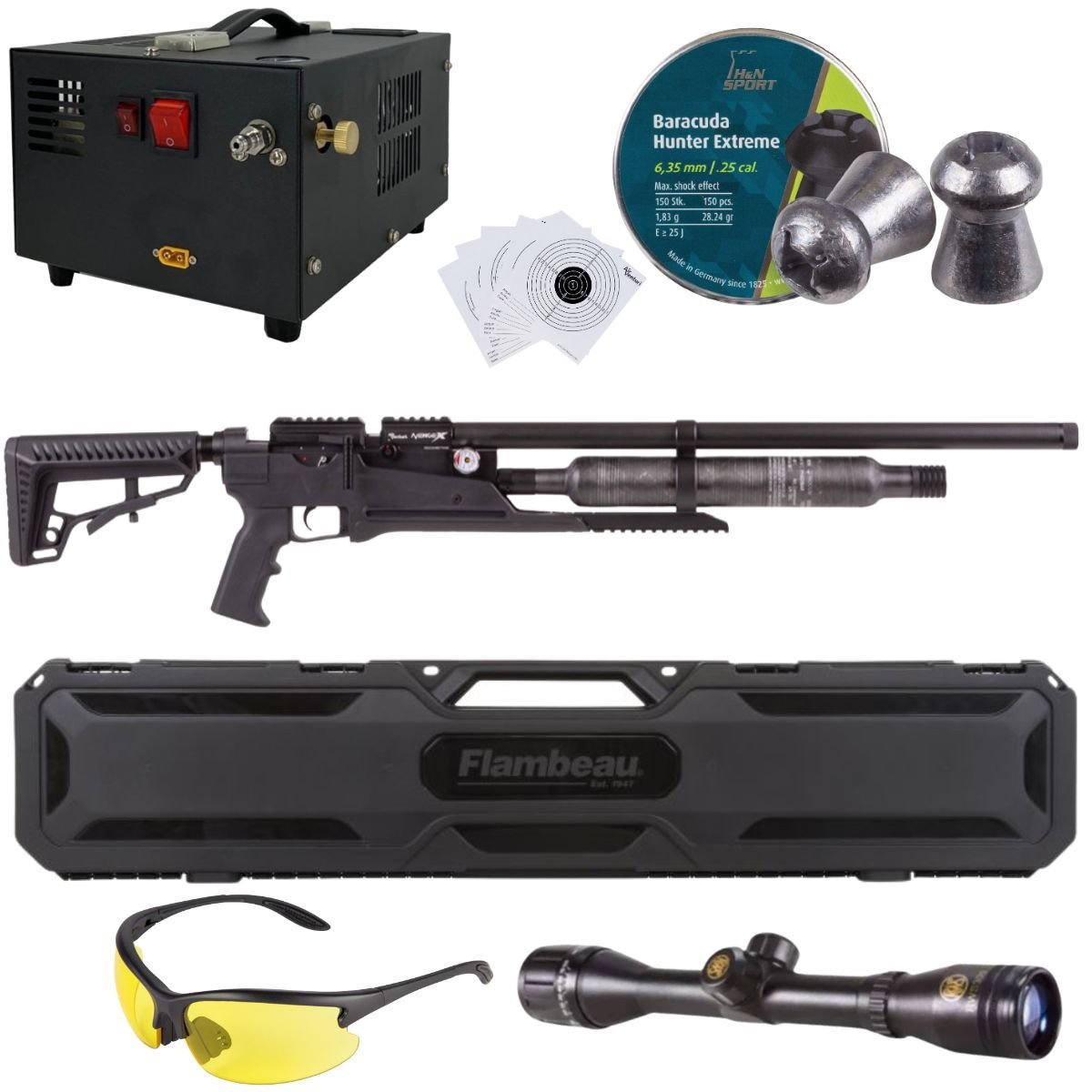 Rifle Air Venturi Avenge-X Tactical PCP .25 (6.35mm) BOTTLE 400cc Kit C/Compressor, pellets, scope, lenses, case, targets. - Image 2