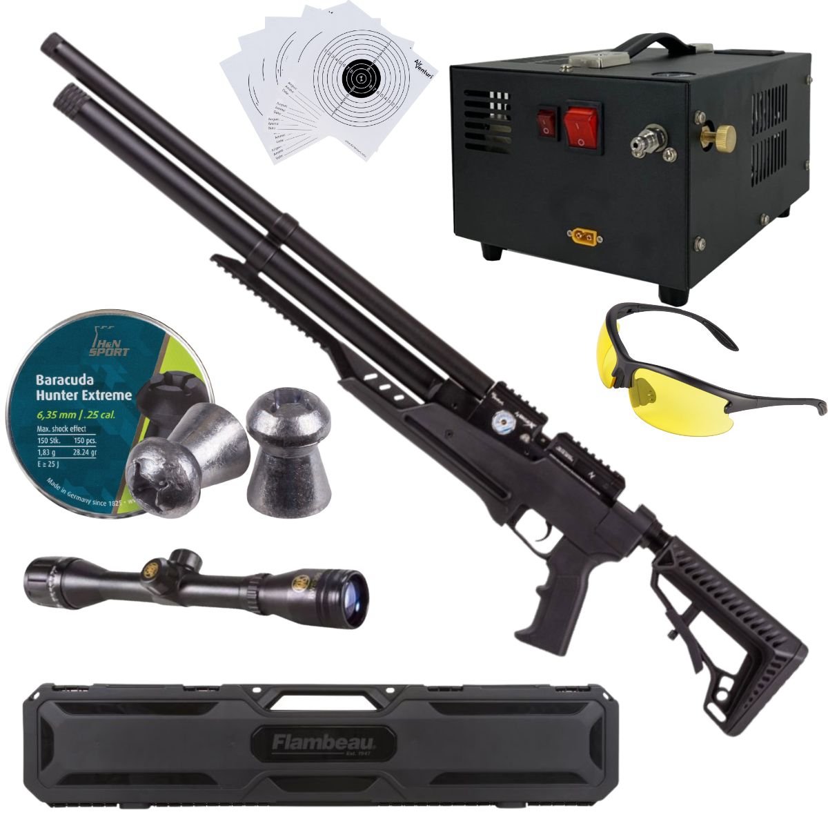 Rifle Air Venturi Avenge-x Tactical PCP .25 (6.35mm) TUBE 210cc Kit with compressor, pellets, scope, lenses, case, targets.