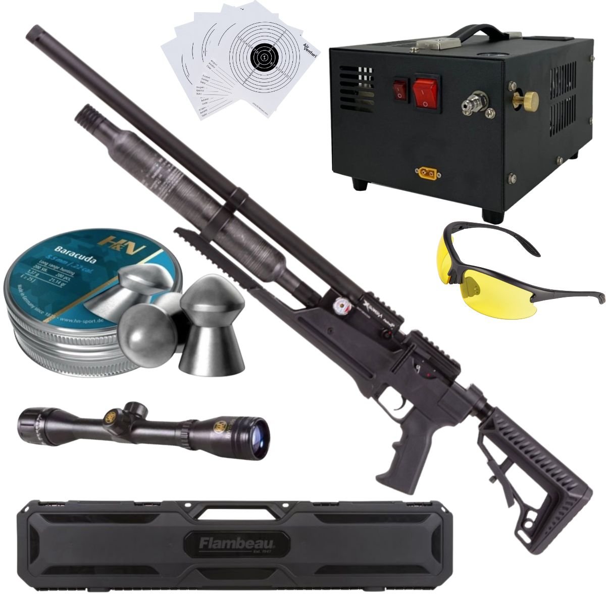 Rifle Air Venturi Avenge-X Tactical PCP .22 (5.5mm) BOTTLE 400cc Kit C/Compressor, pellets, scope, lenses, case, targets.