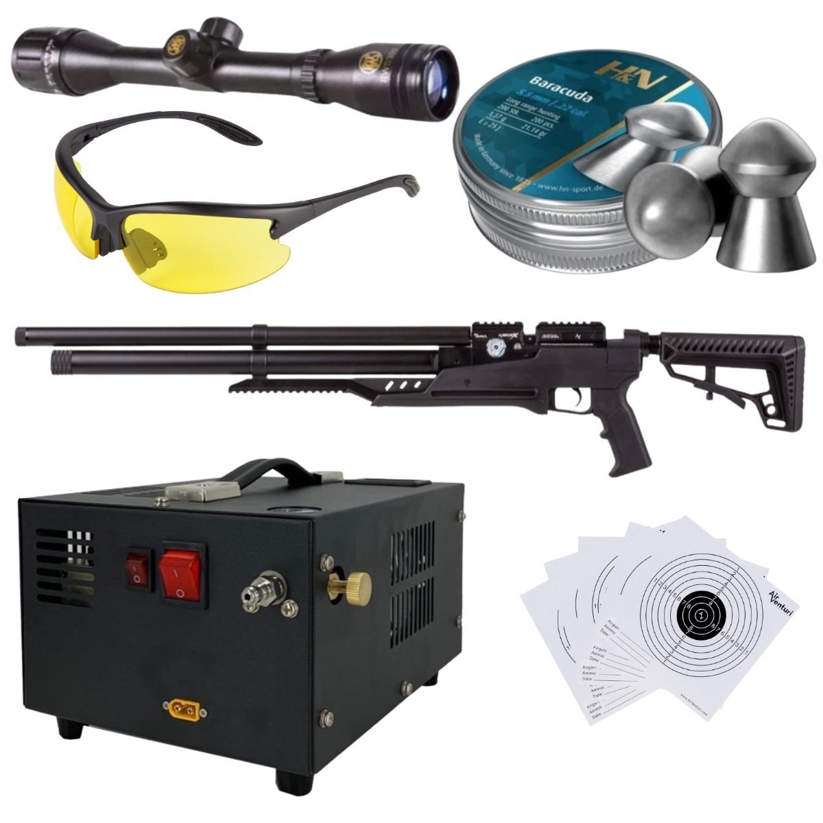 Rifle Air Venturi Avenge-X Tactical PCP .22 (5.5mm) TUBE 210cc Kit C/Compressor, pellets, scope, lenses. - Image 6