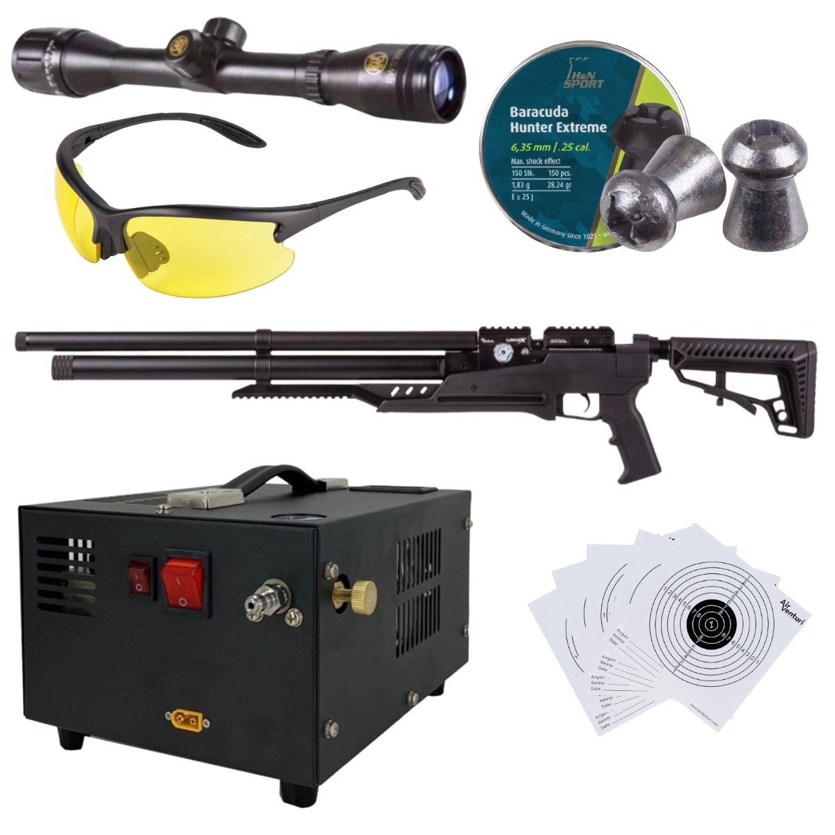 Rifle Air Venturi Avenge-x Tactical PCP .25 (6.35mm) TUBE 210cc Kit w/compressor, pellets, scope, lenses. - Image 2