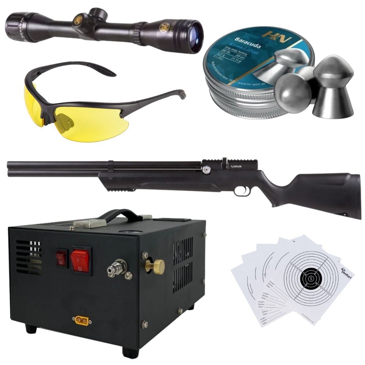 Avenger PCP Air Venturi Rifle Cal .22 Polymer Kit w/Compressor, Pellets, Sight, Lenses, Targets - Image 2