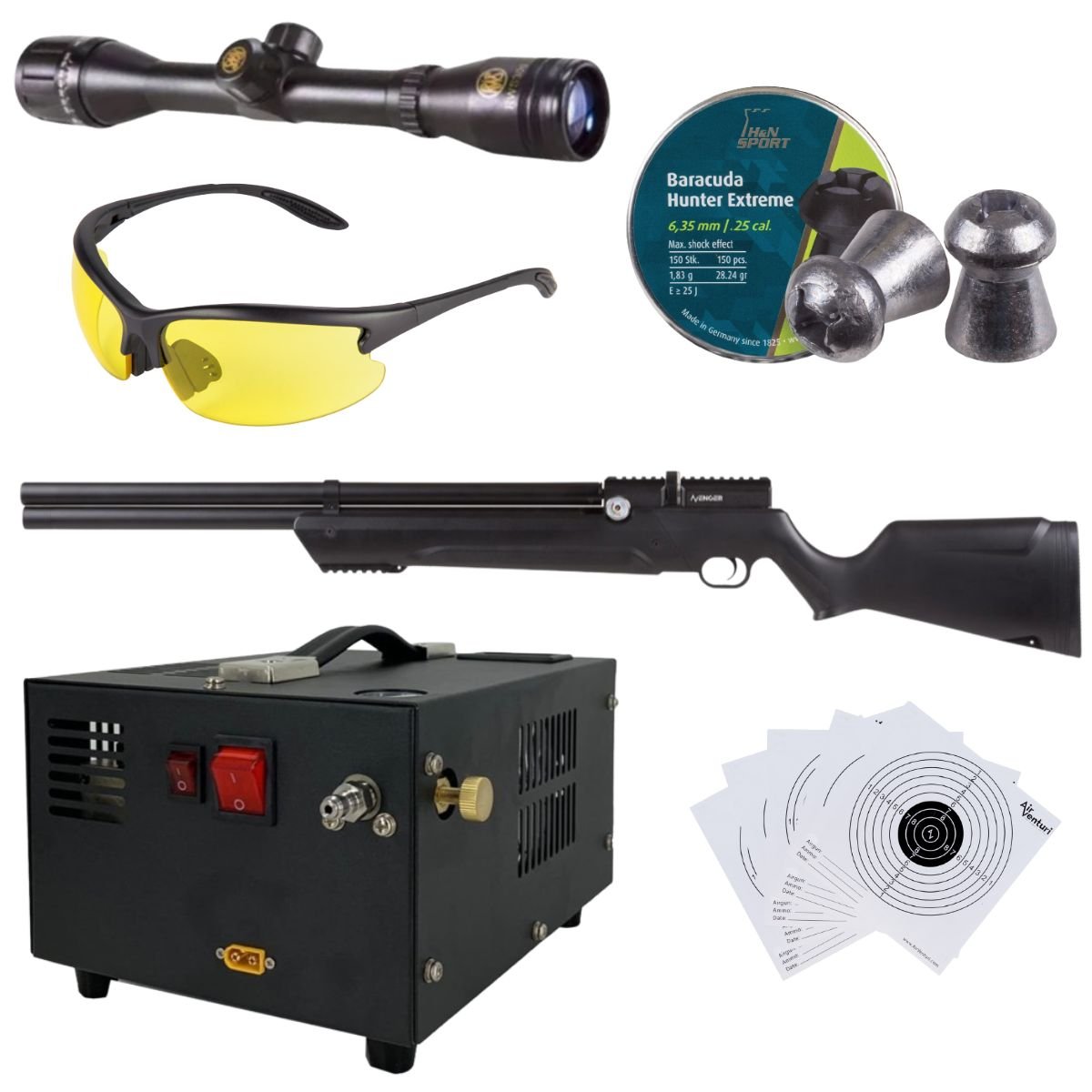 Avenger PCP Air Venturi Rifle Cal .25 Polymer Kit w/Compressor, Pellets, Sight, Lenses, Targets - Image 2