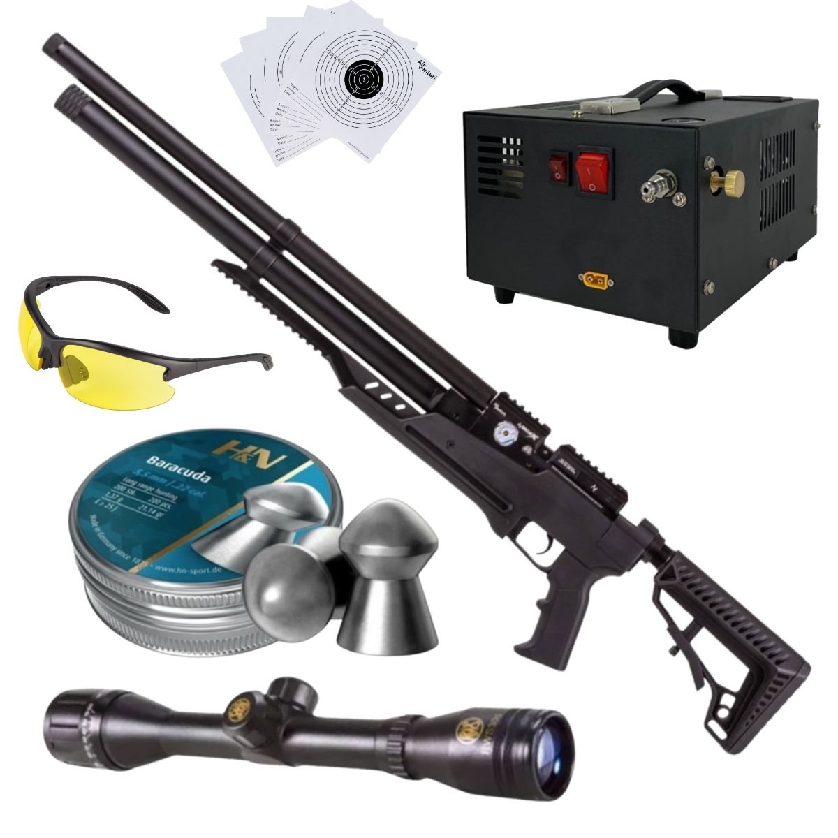 Rifle Air Venturi Avenge-X Tactical PCP .22 (5.5mm) TUBE 210cc Kit C/Compressor, pellets, scope, lenses.