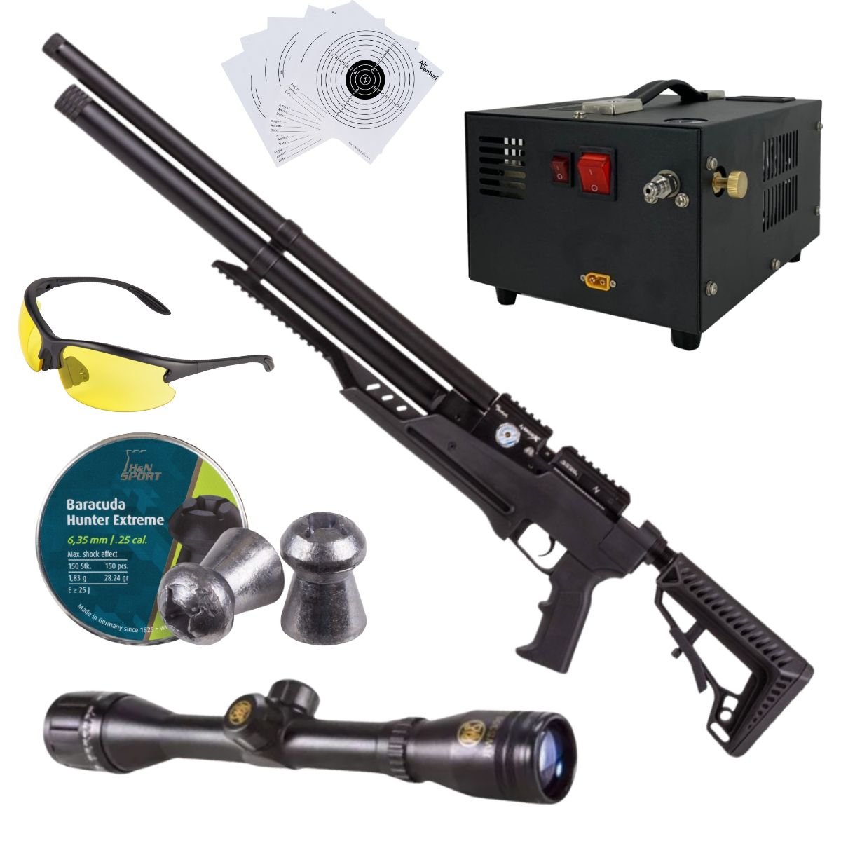 Rifle Air Venturi Avenge-x Tactical PCP .25 (6.35mm) TUBE 210cc Kit w/compressor, pellets, scope, lenses.