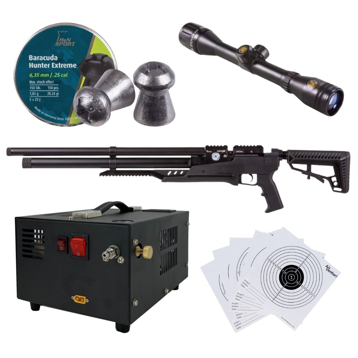Rifle Air Venturi Avenge-x Tactical PCP .25 (6.35mm) TUBE 210cc Kit w/compressor, pellets, sight, targets. - Image 6