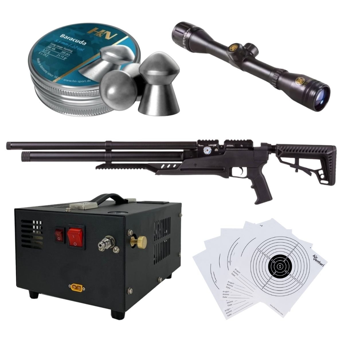 Rifle Air Venturi Avenge-X Tactical PCP .22 (5.5mm) TUBE 210cc Kit C/Compressor, pellets, scope, targets. - Image 2