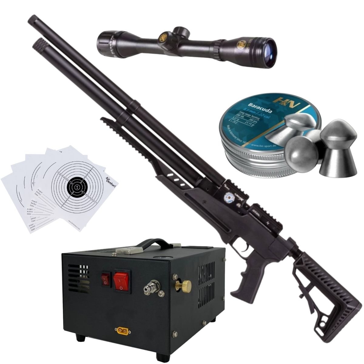 Rifle Air Venturi Avenge-X Tactical PCP .22 (5.5mm) TUBE 210cc Kit C/Compressor, pellets, scope, targets.