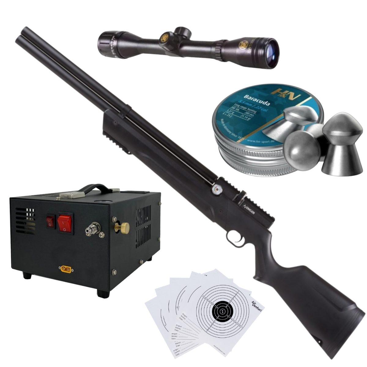 Avenger PCP Air Venturi Rifle Cal .22 Polymer Kit W/Compressor, Pellets, Sight, Targets.