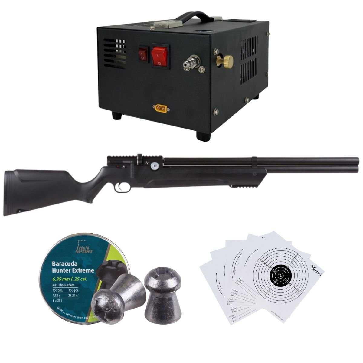 Avenger PCP Air Venturi Cal .25 Polymer Rifle Kit W/Compressor, Pellets, Targets. - Image 2