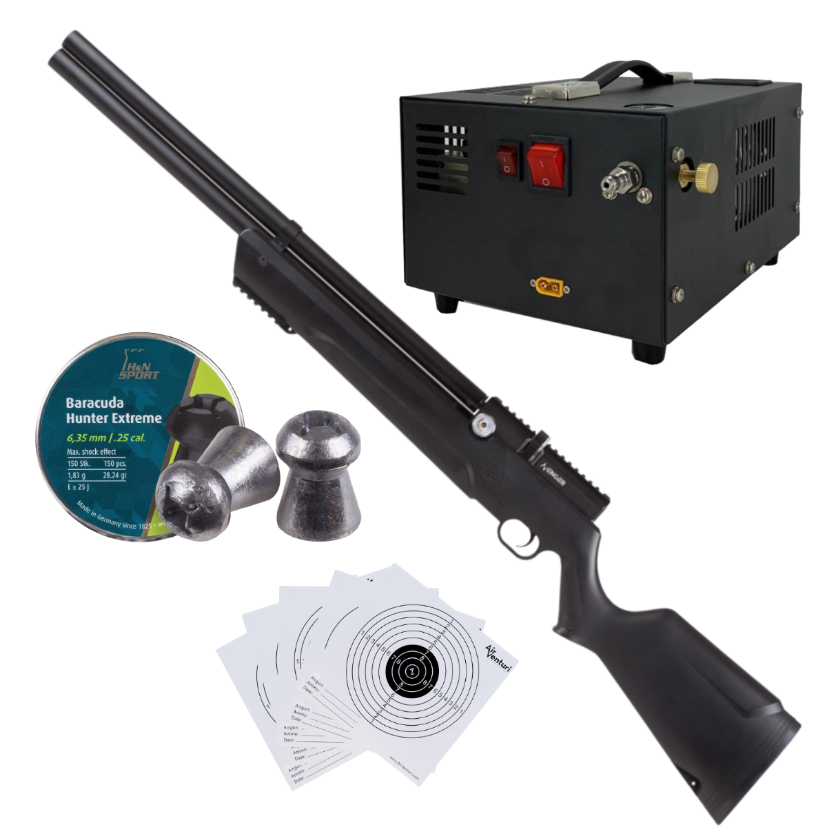 Avenger PCP Air Venturi Cal .25 Polymer Rifle Kit W/Compressor, Pellets, Targets.