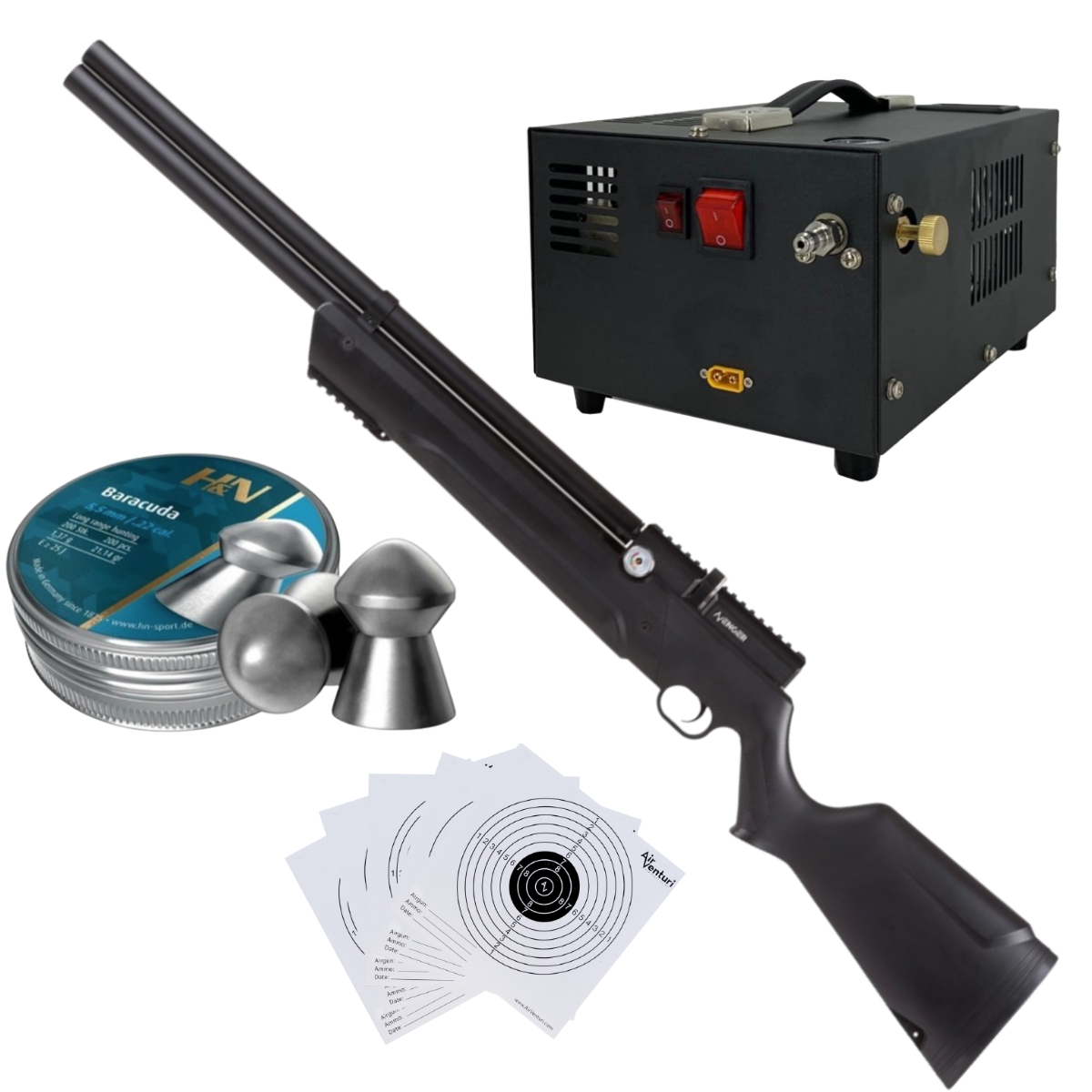 Avenger PCP Air Venturi Rifle Cal .22 Polymer Kit W/Compressor, Pellets, Targets.