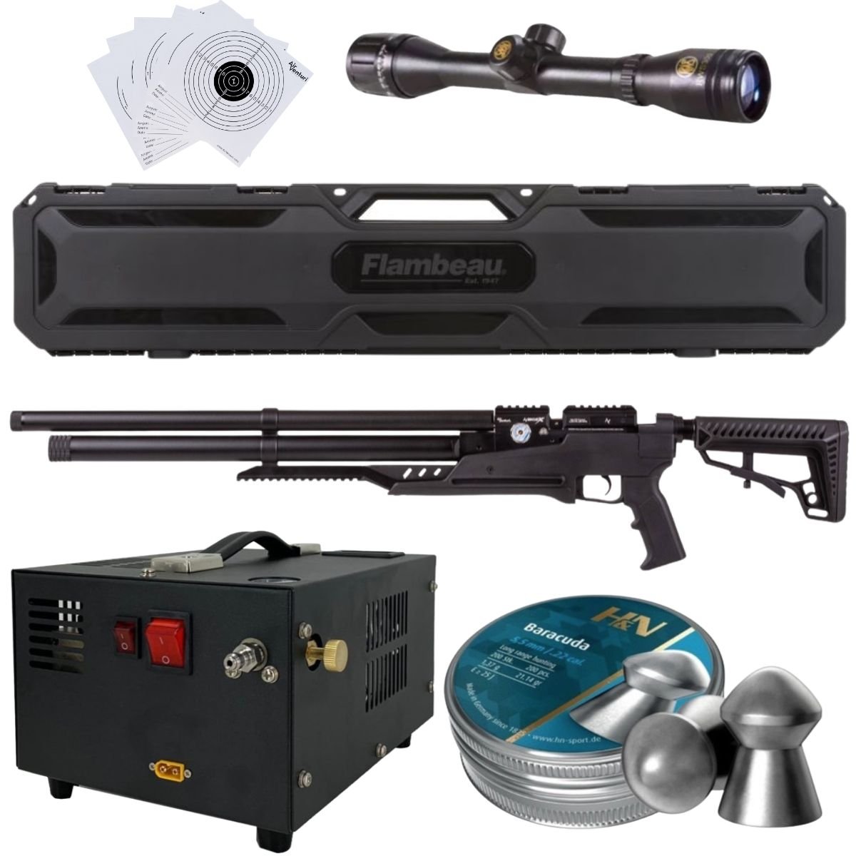 Rifle Air Venturi Avenge-X Tactical PCP .22 (5.5mm) TUBE 210cc Kit C/Compressor, pellets, case, scope, targets. - Image 2