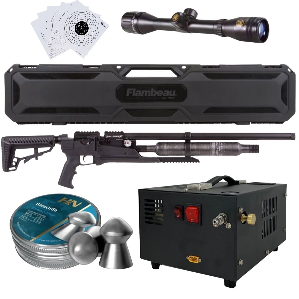 Rifle Air Venturi Avenge-X Tactical PCP .22 (5.5mm) BOTTLE 400cc Kit C/Compressor, pellets, scope, case, targets. - Image 2