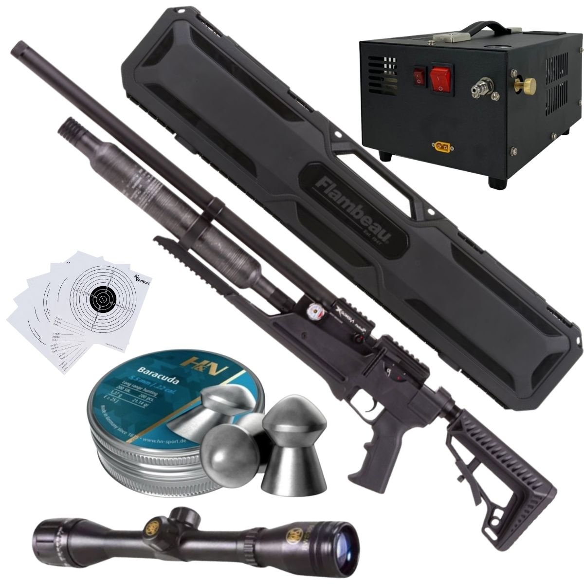 Rifle Air Venturi Avenge-X Tactical PCP .22 (5.5mm) BOTTLE 400cc Kit C/Compressor, pellets, scope, case, targets.