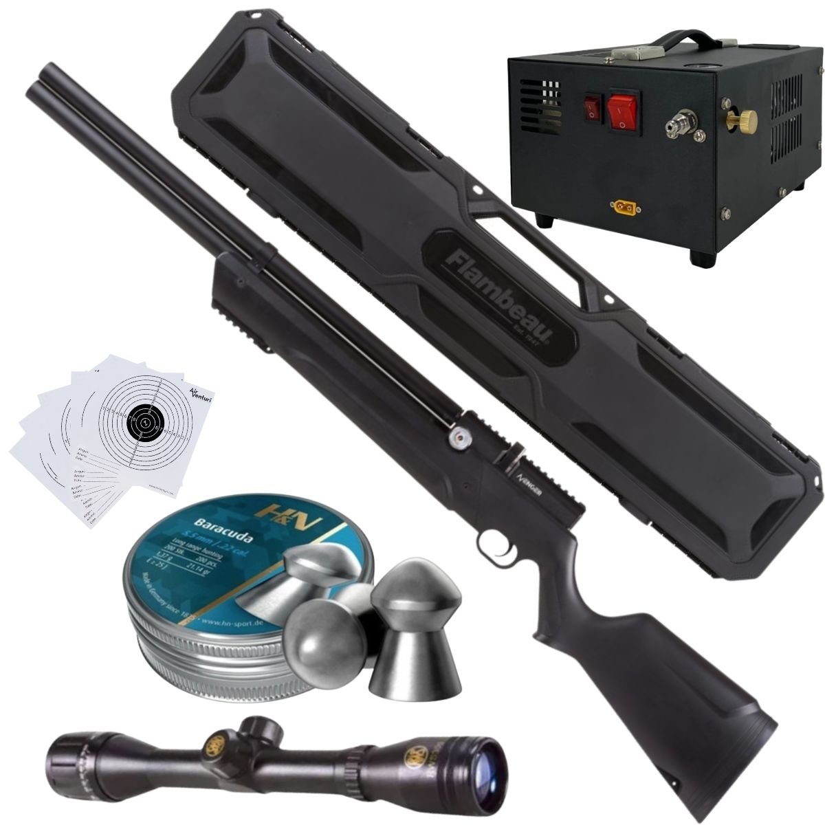 Avenger PCP Air Venturi Rifle Cal .22 Polymer Kit W/Compressor, Pellets, Case, Sight, Targets.