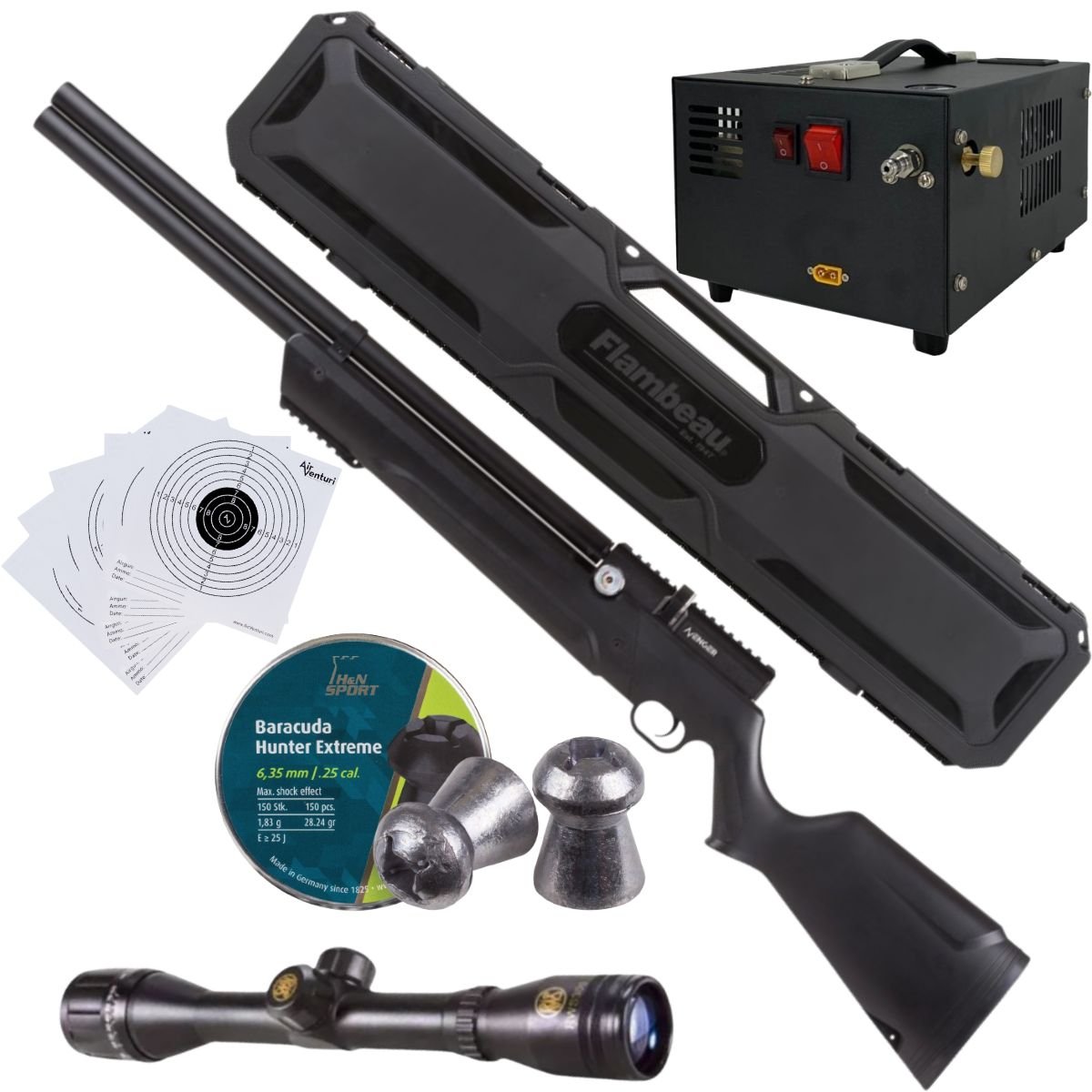 Avenger PCP Air Venturi Rifle Cal .25 Polymer Kit W/Compressor, Pellets, Case, Sight, Targets.