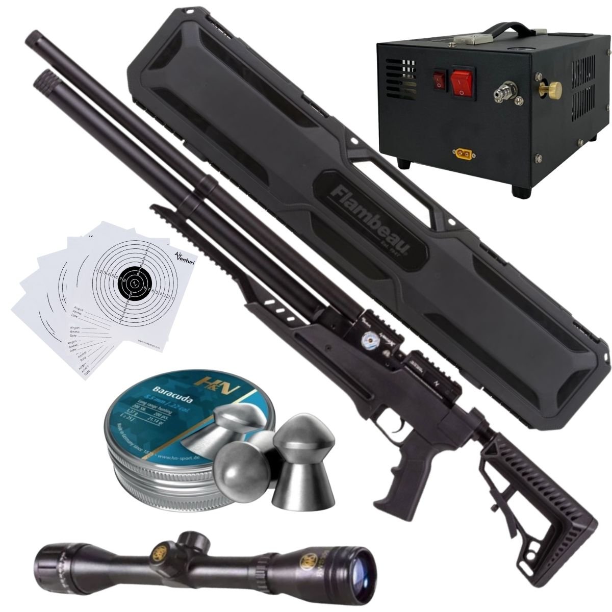 Rifle Air Venturi Avenge-X Tactical PCP .22 (5.5mm) TUBE 210cc Kit C/Compressor, pellets, case, scope, targets.