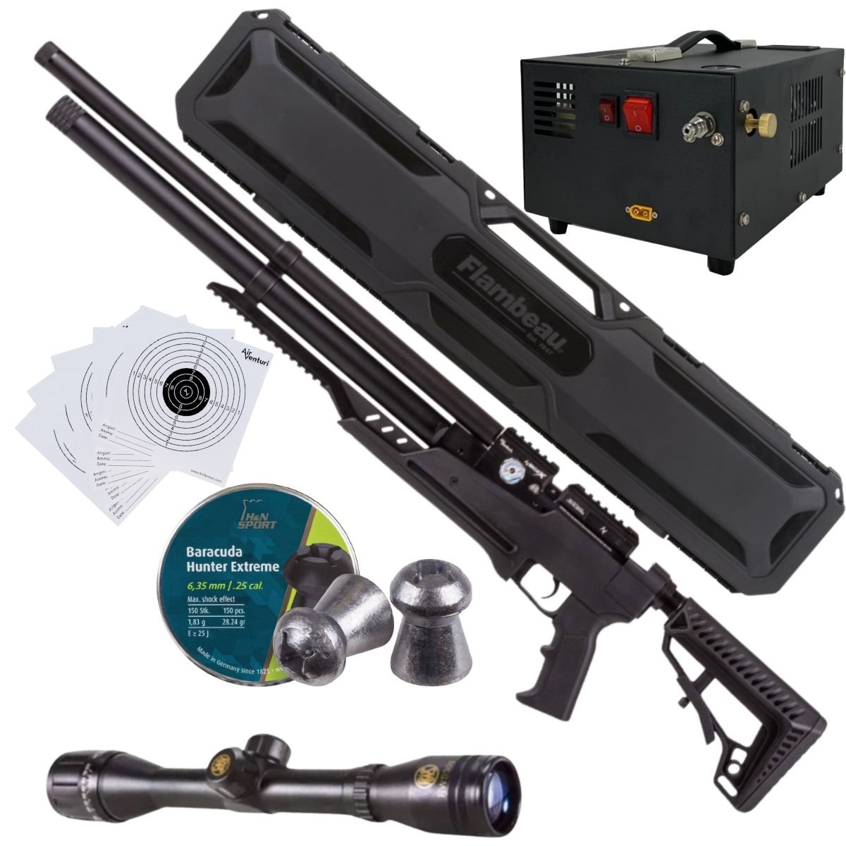 Rifle Air Venturi Avenge-x Tactical PCP .25 (6.35mm) TUBE 210cc Kit with compressor, scope, case, targets.
