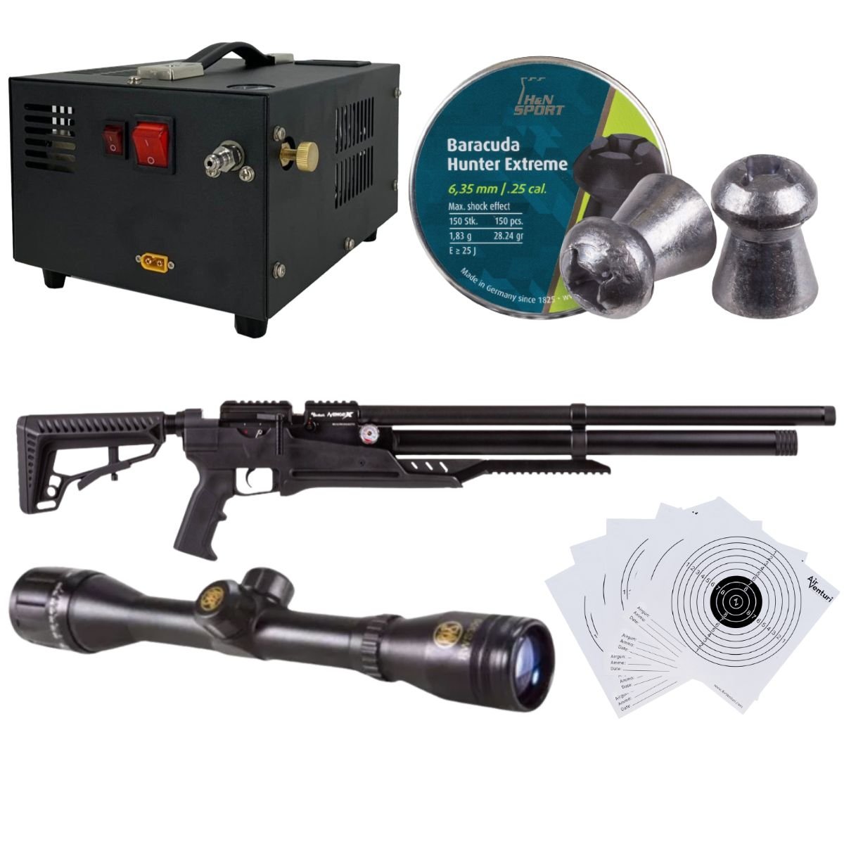 Rifle Air Venturi Avenge-x Tactical PCP .25 (6.35mm) TUBE 210cc Kit w/compressor, pellets, sight, targets. - Image 2