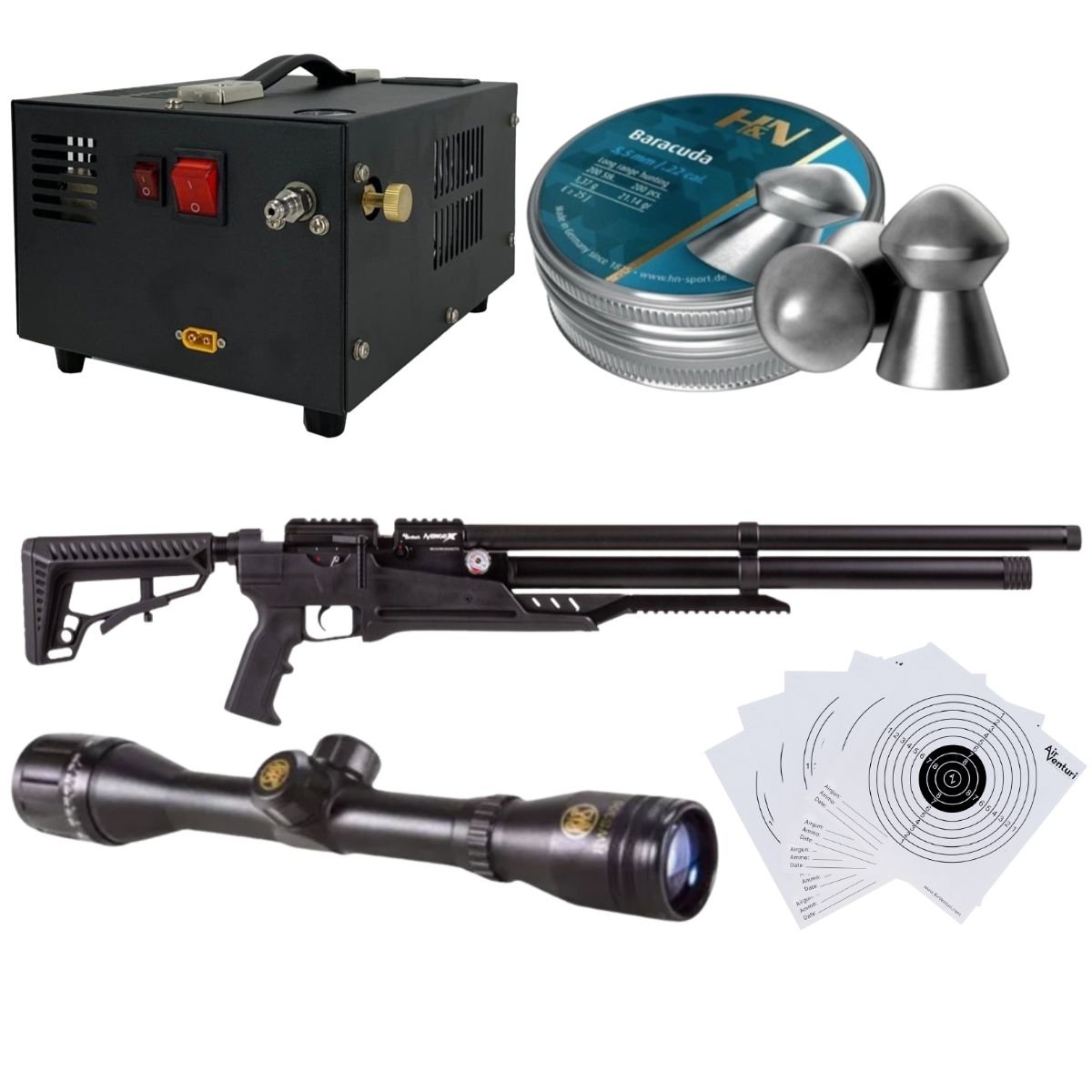 Rifle Air Venturi Avenge-X Tactical PCP .22 (5.5mm) TUBE 210cc Kit C/Compressor, pellets, scope, targets. - Image 2