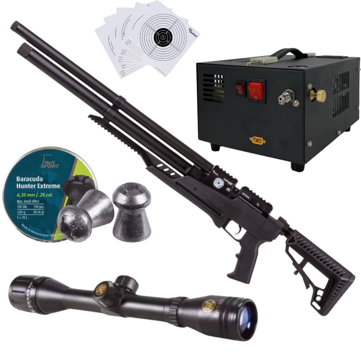 Rifle Air Venturi Avenge-x Tactical PCP .25 (6.35mm) TUBE 210cc Kit w/compressor, pellets, sight, targets.