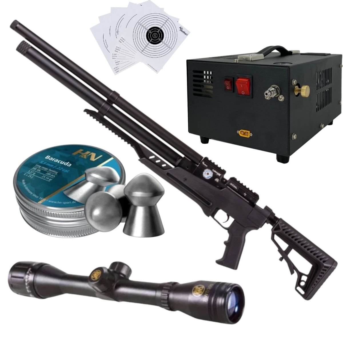 Rifle Air Venturi Avenge-X Tactical PCP .22 (5.5mm) TUBE 210cc Kit C/Compressor, pellets, scope, targets.