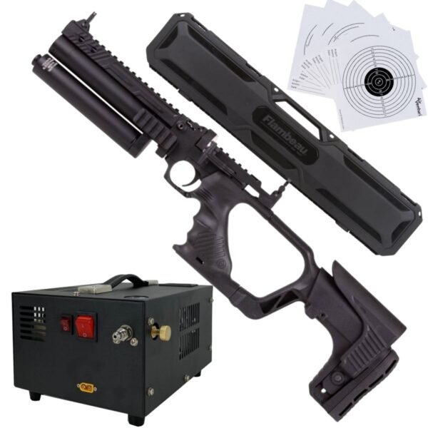 Pistola PCP .25 Convertible Hatsan Jet II c/compresor, estuche, targets.