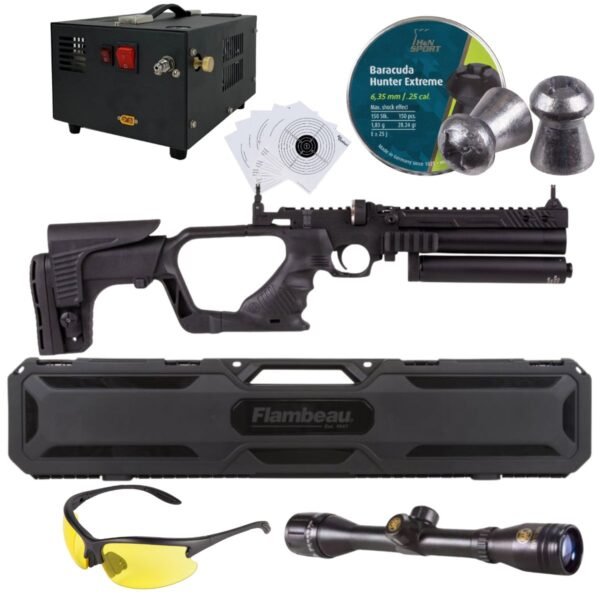 Pistola PCP .25 Convertible Hatsan Jet II c/compresor, pellets, mira, lentes, estuche, targets. - Image 5