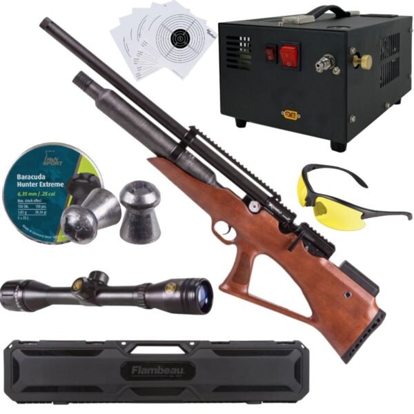 Rifle Avenge X Bullpup Botella Madera 400cc c/compresor, pellets, mira, lentes, estuche, targets.