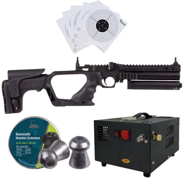 Pistola PCP .25 Convertible Hatsan Jet II c/compresor, pellets, targets. - Image 2