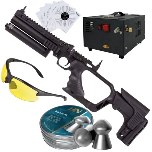 Pistola PCP .22 Convertible Hatsan Jet II c/compresor, pellets, lentes, targets.