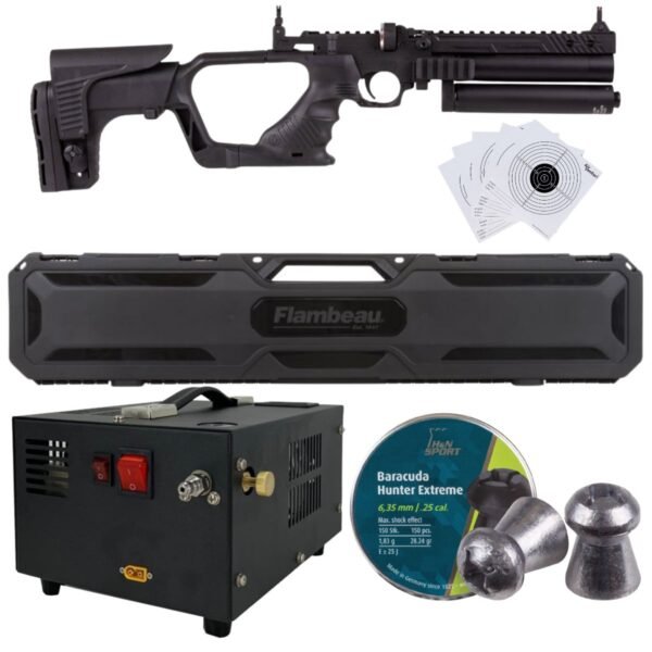 Pistola PCP .25 Convertible Hatsan Jet II c/compresor, pellets, estuche, targets. - Image 2