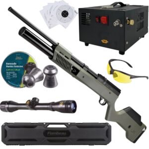 Rifle PCP Umarex Gauntlet SL .25 c/compresor, pellets, mira, lentes, estuche, targets.
