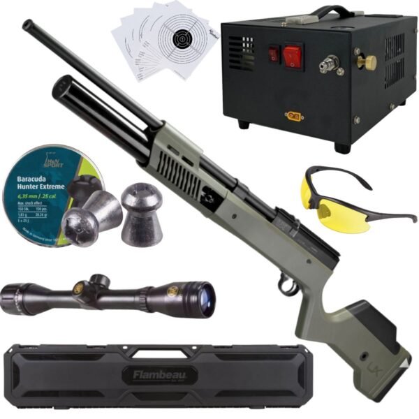 Rifle PCP Umarex Gauntlet SL .25 c/compresor, pellets, mira, lentes, estuche, targets.
