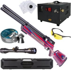 RIFLE PCP AIR VENTURI AVENGER ROJO/AZUL .22 c/compresor, pellets, mira, lentes, estuche, targets.