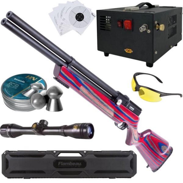 RIFLE PCP AIR VENTURI AVENGER ROJO/AZUL .22 c/compresor, pellets, mira, lentes, estuche, targets.