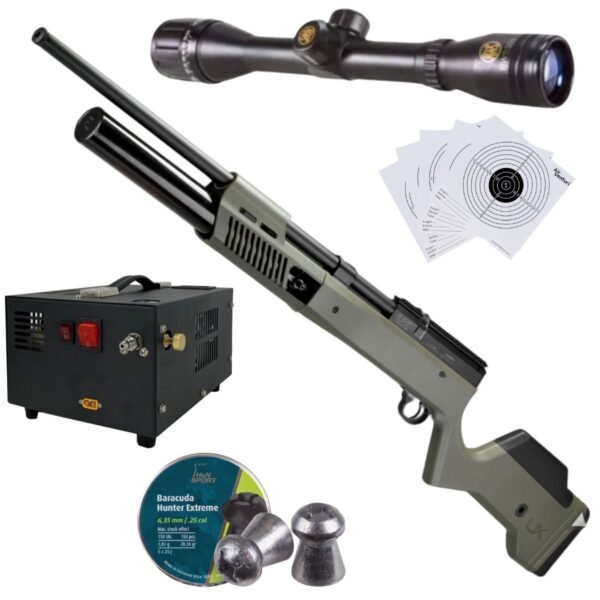 Rifle PCP Umarex Gauntlet SL .25 c/compresor, pellets, mira, targets.