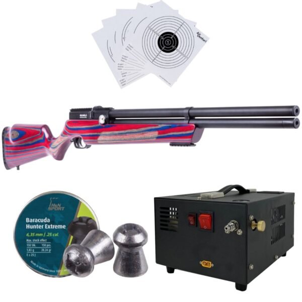 Rifle PCP Air Venturi Avenger .25 Rojo/Azul c/compresor, pellets, targets. - Image 2