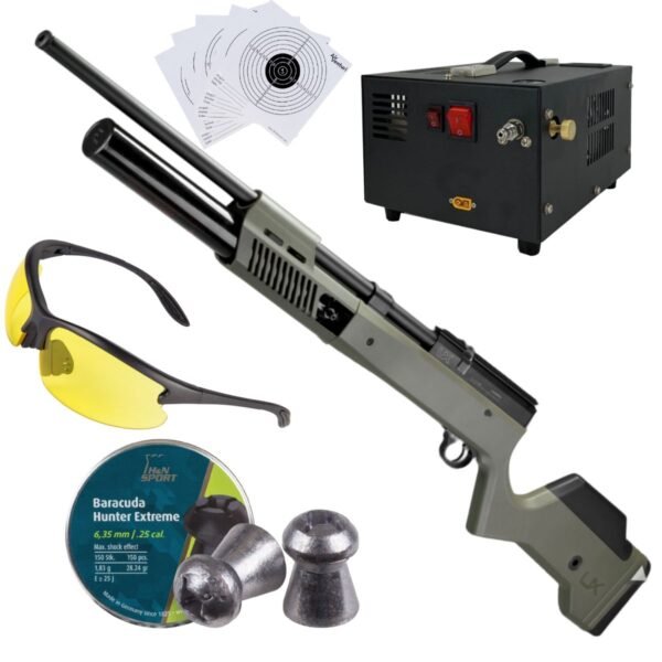 Rifle PCP Umarex Gauntlet SL .25 c/compresor, pellets, lentes, targets.