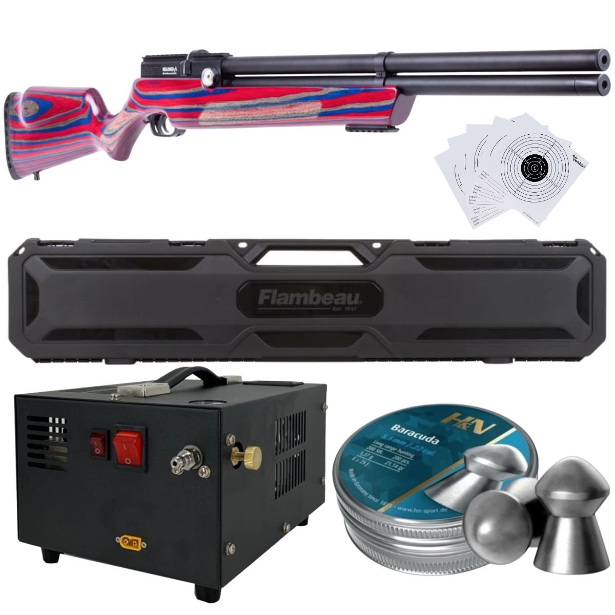 PCP AIR VENTURI AVENGER RIFLE RED/BLUE .22 with compressor, pellets, case, targets. - Image 2