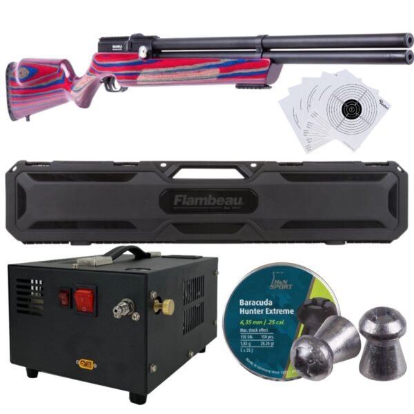 Rifle PCP Air Venturi Avenger .25 Rojo/Azul c/compresor, pellets, estuche, targets. - Image 2