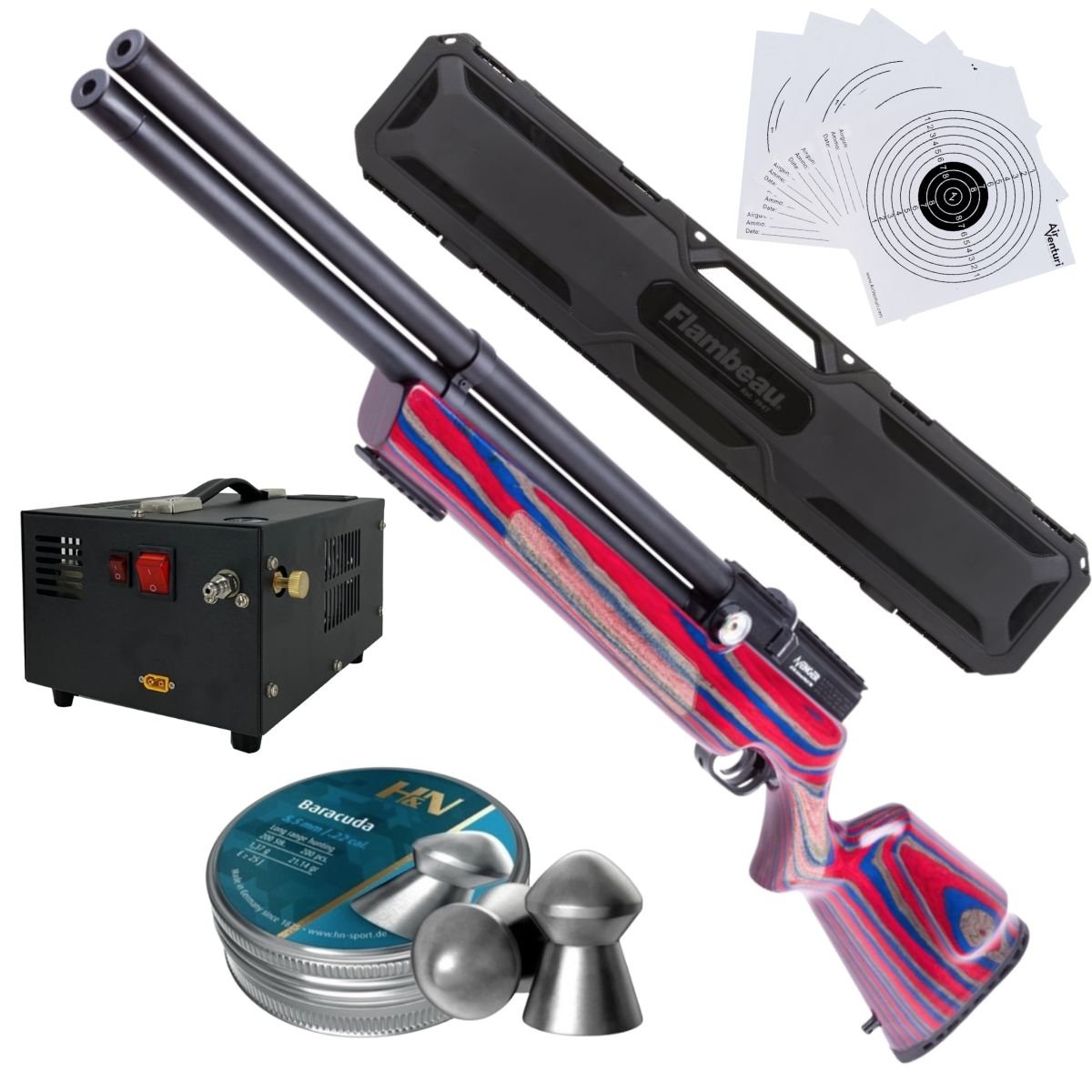 PCP AIR VENTURI AVENGER RIFLE RED/BLUE .22 with compressor, pellets, case, targets.