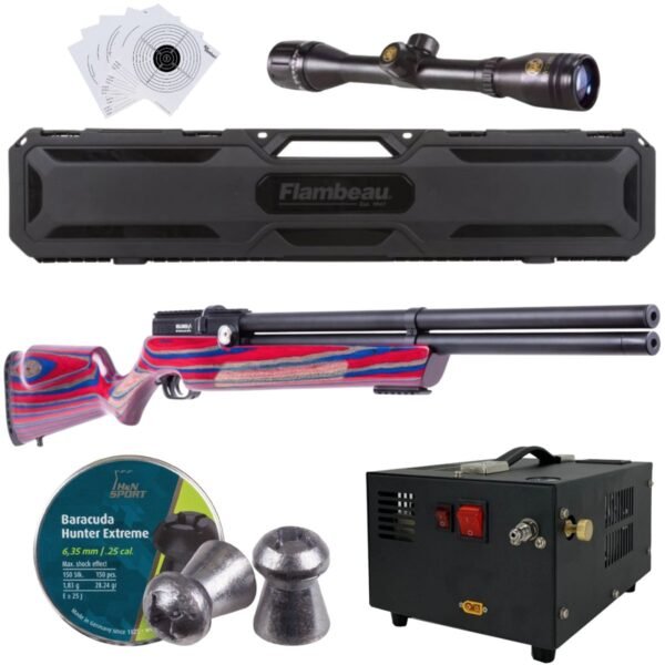 Rifle PCP Air Venturi Avenger .25 Rojo/Azul compresor, pellets, estuche, mira, targets. - Image 2