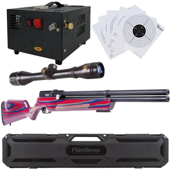 Rifle PCP Air Venturi Avenger .25 Rojo/Azul c/compresor, estuche, mira, targets. - Image 2