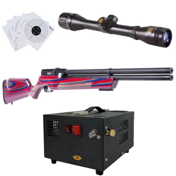 RIFLE PCP AIR VENTURI AVENGER ROJO/AZUL .22 c/compresor, mira, targets. - Image 2